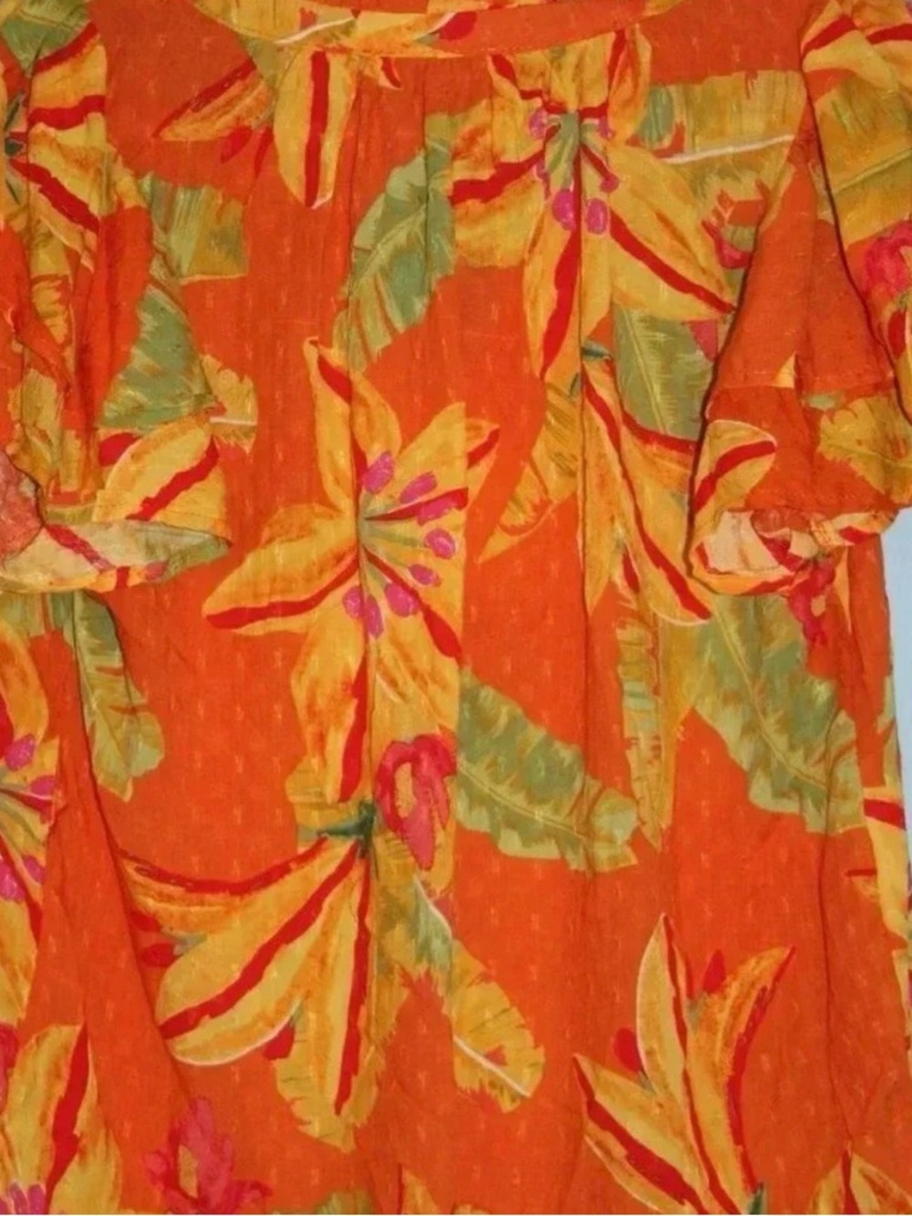 Haute Hippie Style Tropical Floral Flutter Sleeve Blouse XL Orange Boho Coastal - Picture 11 of 14